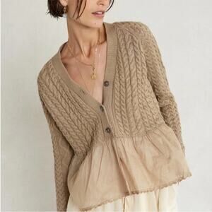 Chan Luu Cable Knit Rebecca Cardigan Sweater Brown Ruffle Peplum Hem Cotton XS S